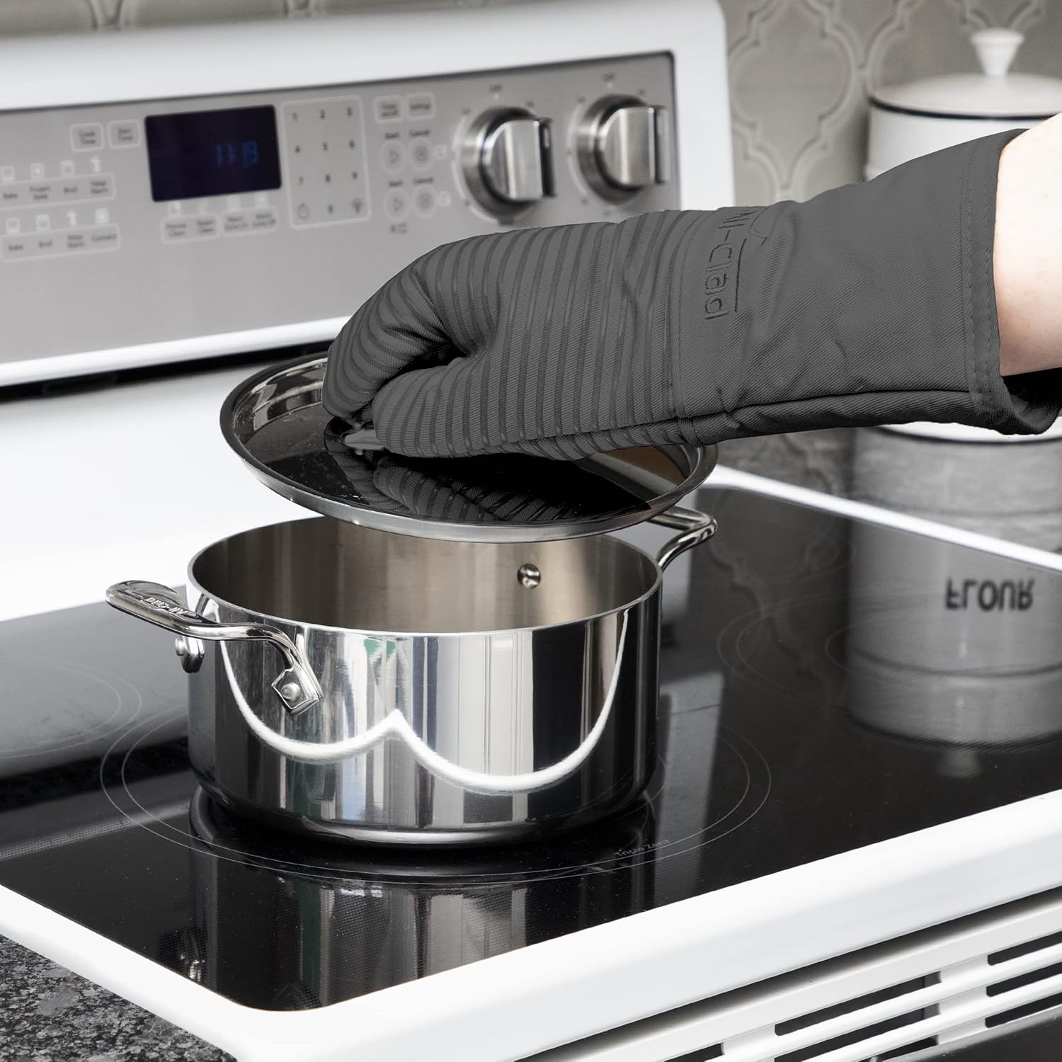 All Clad Silicone Oven Mitt: Heat Resistant up to 500 Degrees - 100% Cotton & Silicone, 14x7 Oven Mitt for Kitchen and Barbeque, 2-Pack, Pewter